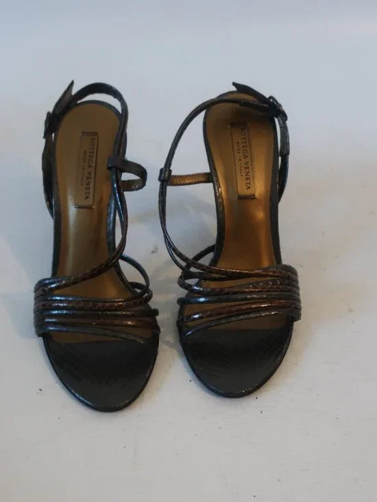 Women Bottega Veneta Black Brown Strappy Leather Stiletto Heel Sandals 36 US/6 - Picture 4 of 16